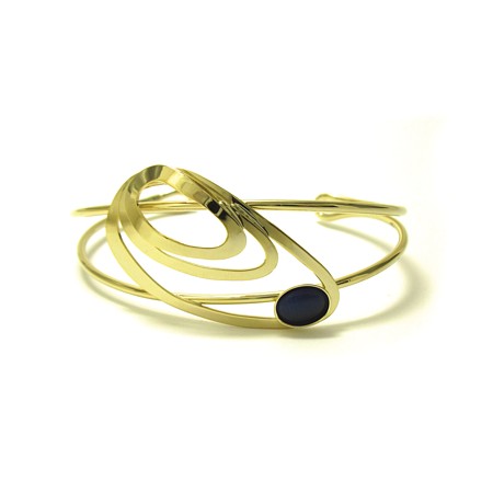 All Shiny Gold Oblong Cuff Bracelet with Navy Catsite - Click Image to Close